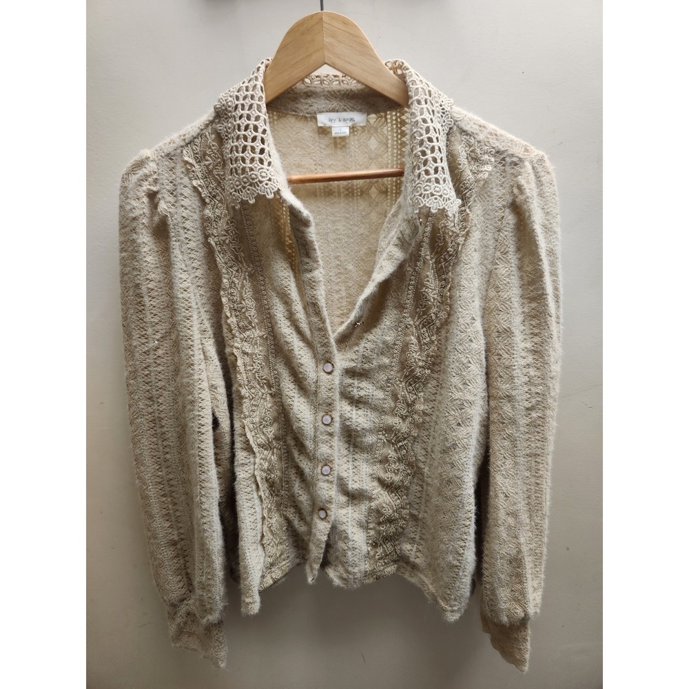 Ivy‎ & Sage Cream Pointelle Knit Lace Trim Cardigan Sweater Crochet Collar Large